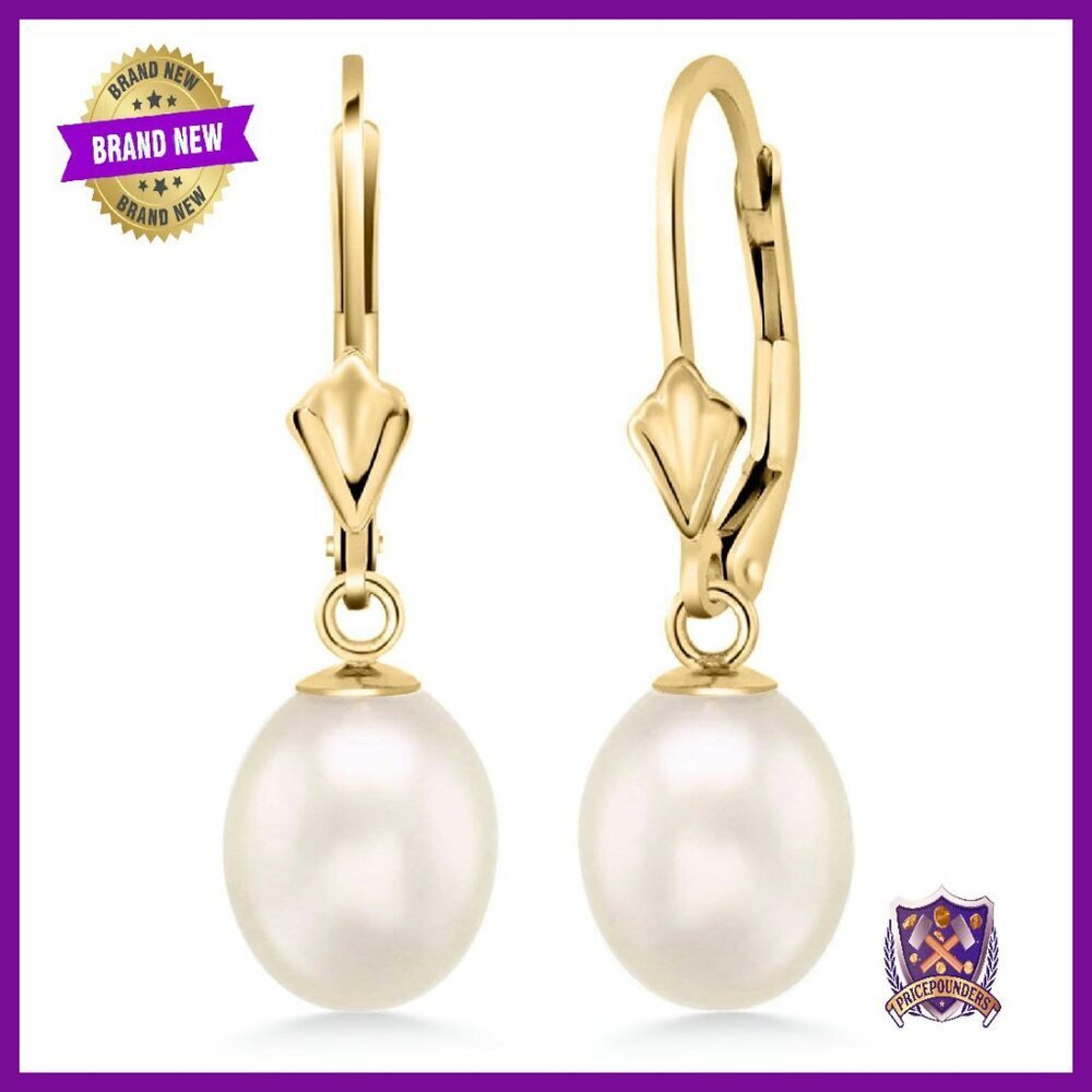14K Gold 9MM Cultured Freshwater Pearl Dangle Earrings Leverback